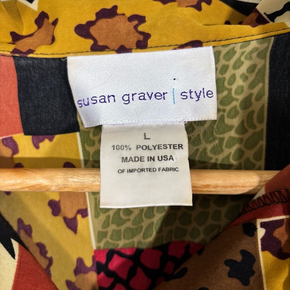 Susan Graver Whimsical Patchwork Animal Print Button Down Shirt Size L - Picture 3 of 4